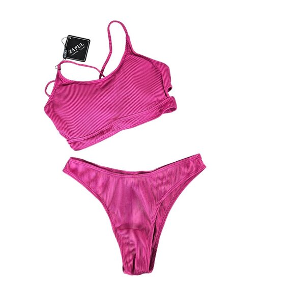 Zaful Womens Rose Pink Ribbed Two-Piece Bikini Set Criss-Cross Straps Size S - Picture 5 of 11